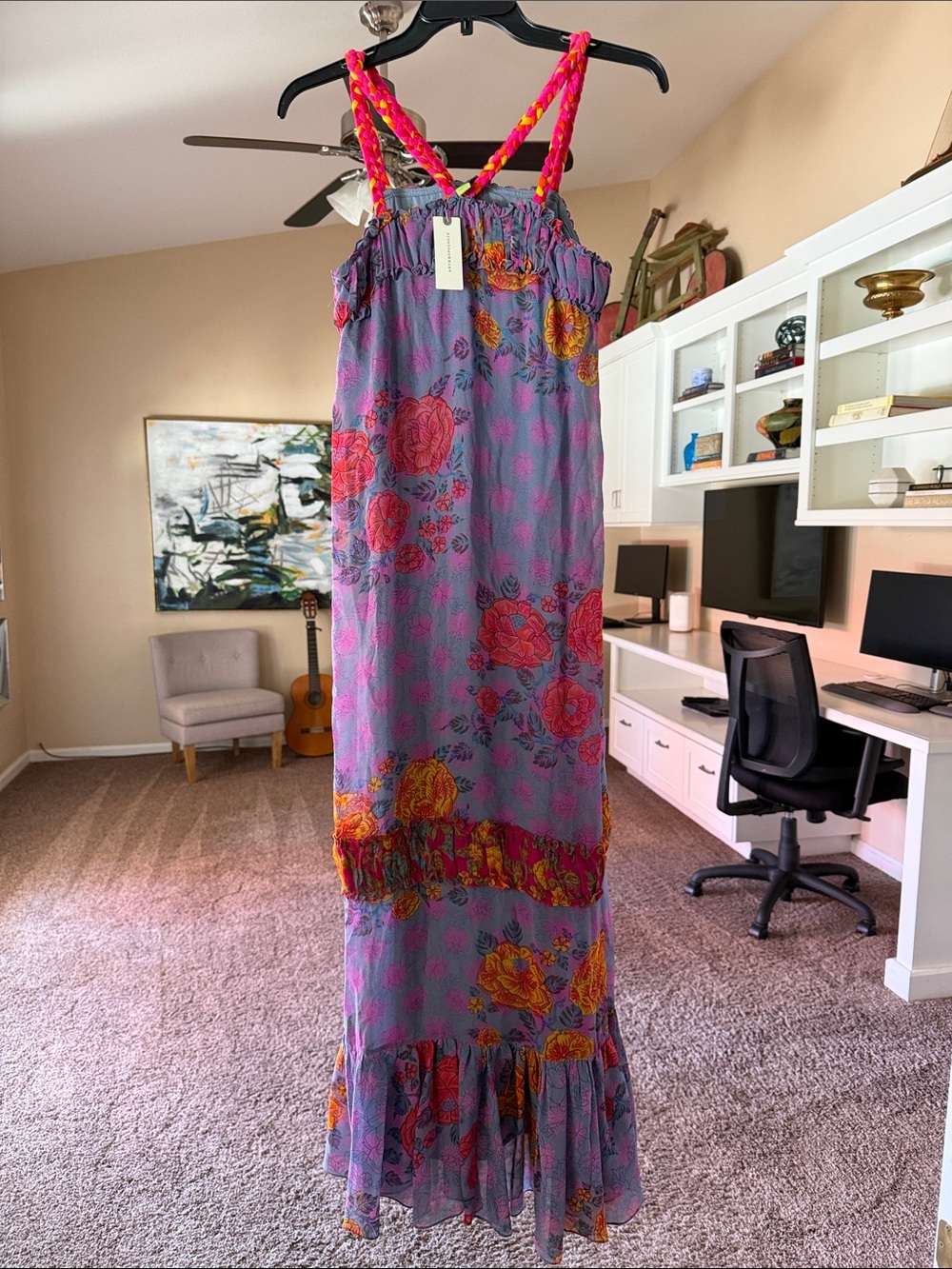 Anthropologie Lavender Maxi Dress with Pink Braided Straps